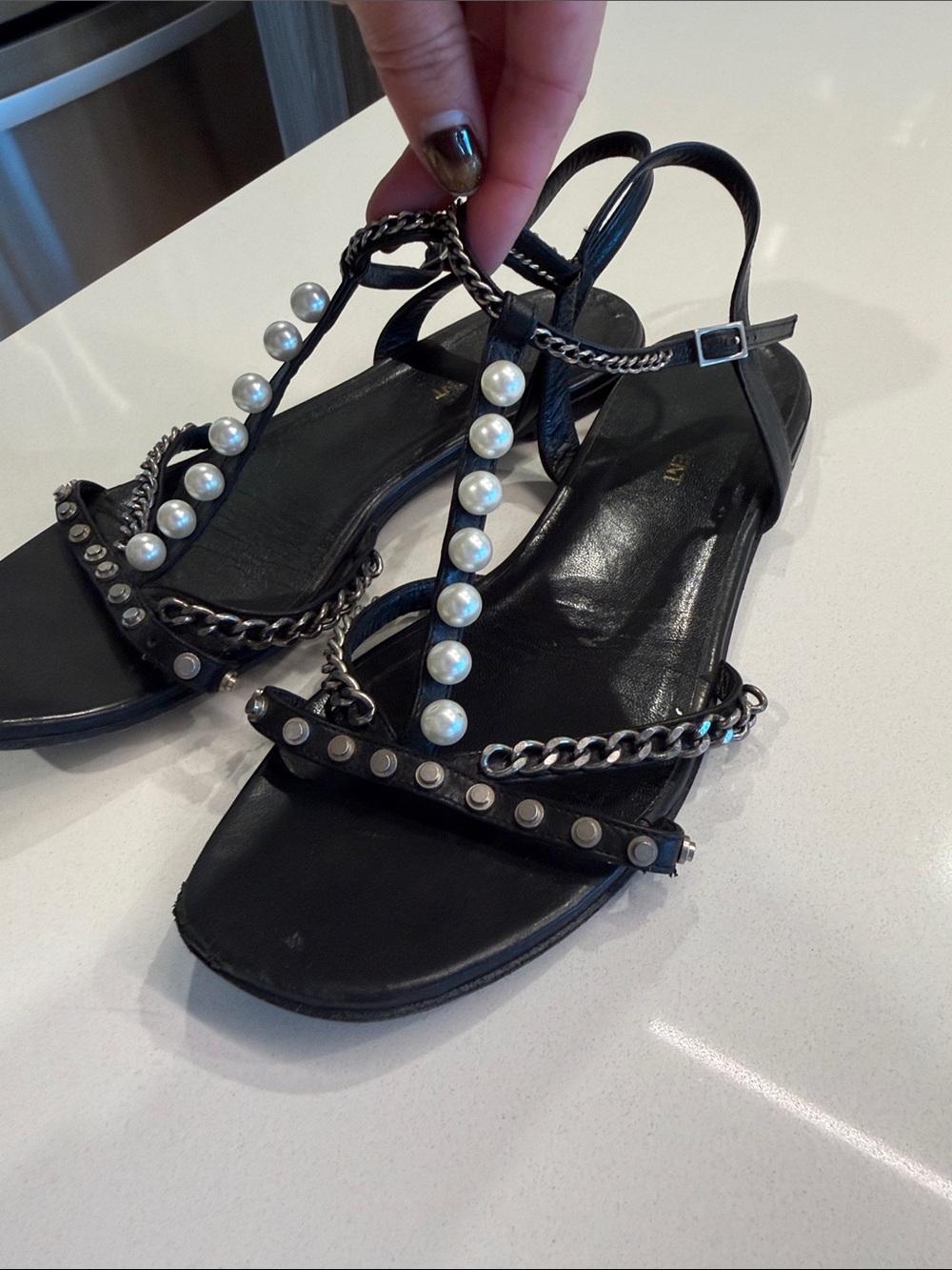 Saint Laurent Pearl Chain Black Studded T-Strap Flat Sandal Size 38